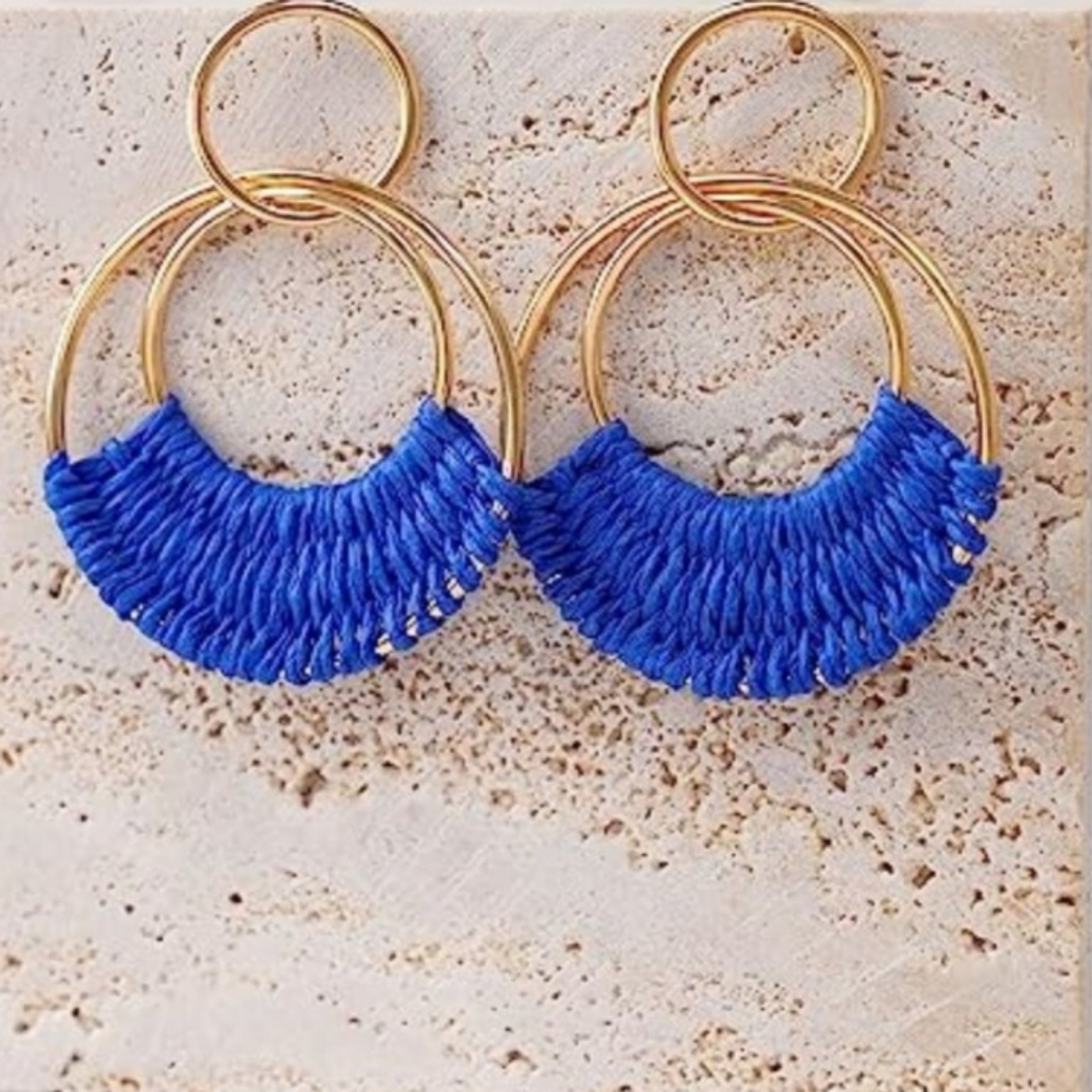 Blue Woven Raffia Gold Hoop Earrings Wicker Hoops Links Post Vacation Style New